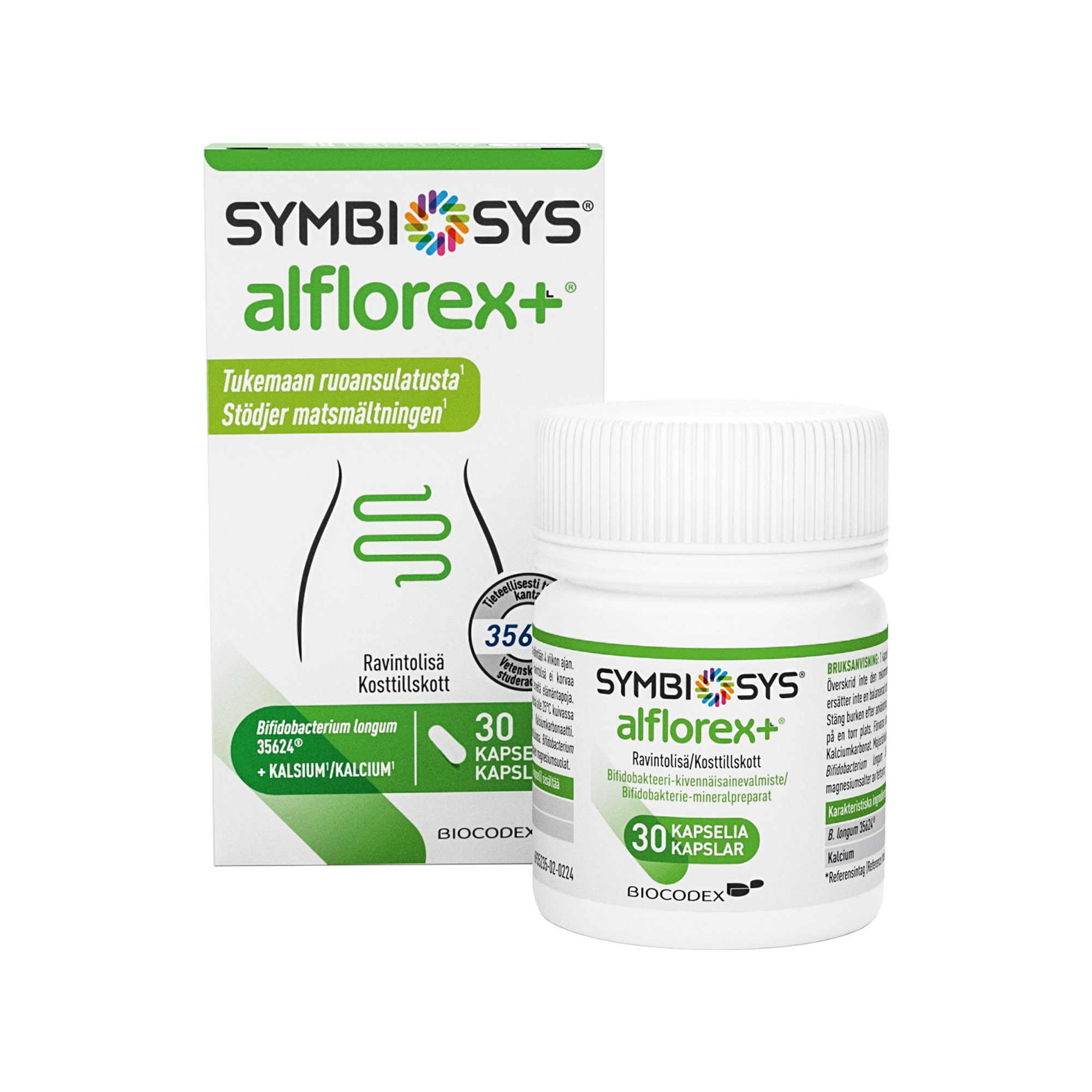 Symbiosys Alflorex+ pakkaus ja purkki