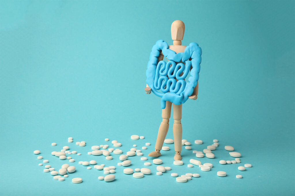 wooden doll holding a putty version of a gut, while standing on pills